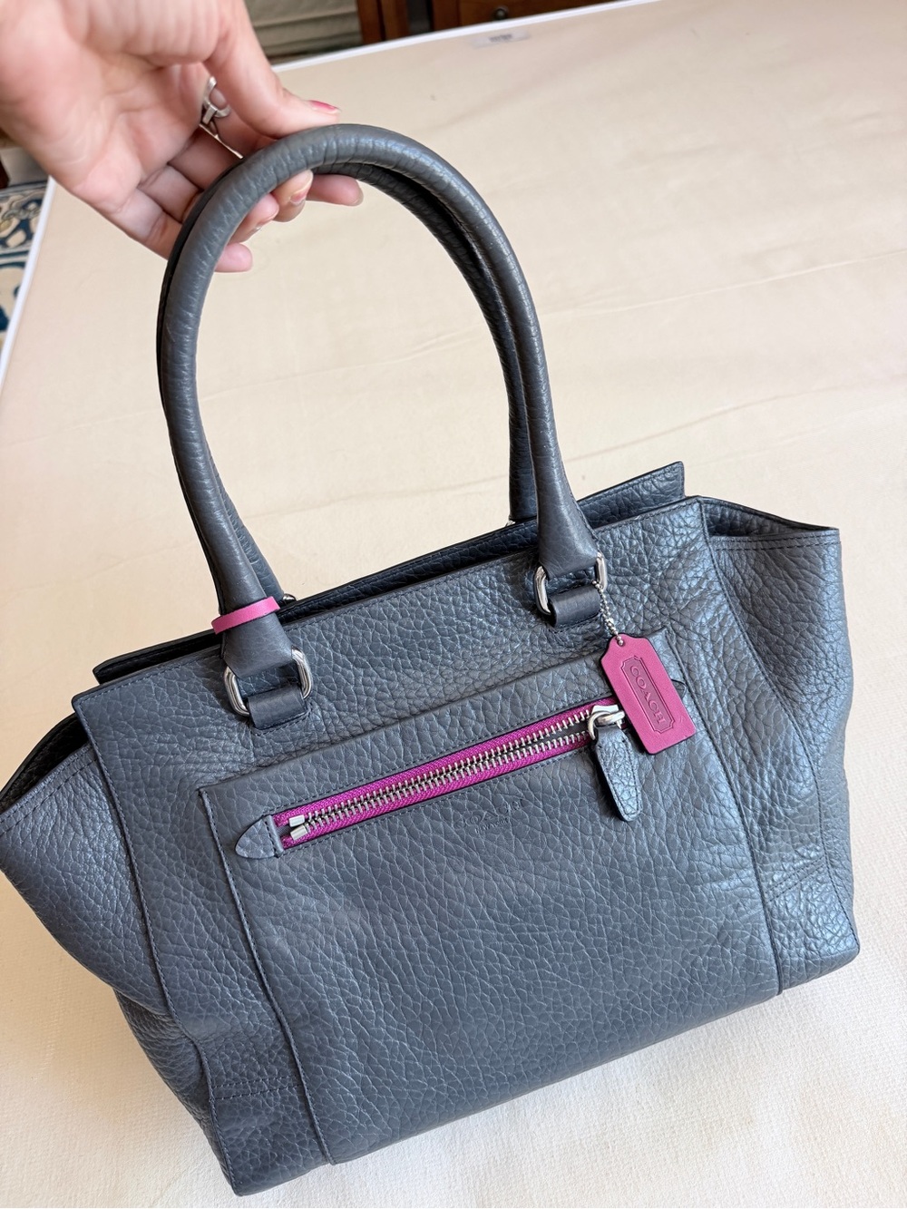 Coach Gray Pebbled Leather Tote with Pink Accents